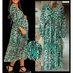 Pinkblush Green Leopard Print Chiffon Midi Dress Size M